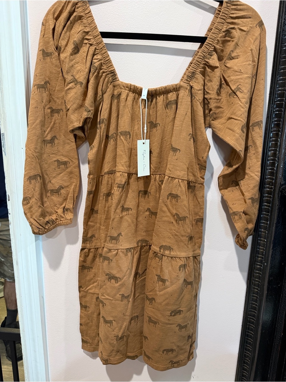 Rylee + Cru Rust Tan Horse-Print Tiered Dress NWT